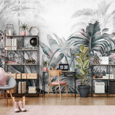 Een fotobehang van tropische jungleplanten en bladeren in botanische stijl, dat een kalmerende sfeer creėert in een kantoorruimte.