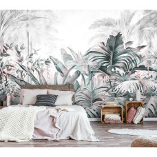 Een fotobehang van tropische jungleplanten en bladeren in botanische natuurstijl, ideaal voor het creėren van een tropische sfeer in een slaapkamer.