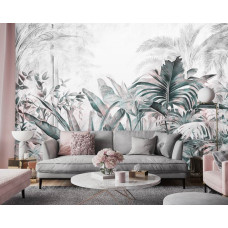Een fotobehang van tropische jungleplanten en bladeren in botanische natuurstijl, geschikt voor een woonkamer die een tropisch tintje nodig heeft.