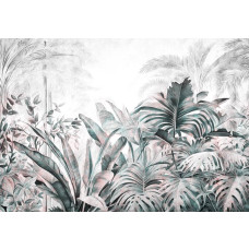 Fotobehang van tropische planten en bladeren uit de jungle, weergegeven in een botanische stijl.