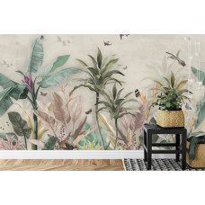 Een fotobehang met tropische jungle-elementen en een vintage uitstraling, weergegeven in een huiskamer.