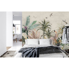 Een fotobehang met een tropische jungle vol vintage planten en een botanische sfeer, afgebeeld in een slaapkamer.