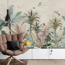 Een fotobehang met tropische planten en een vintage botanische sfeer, afgebeeld in een woonkamer.