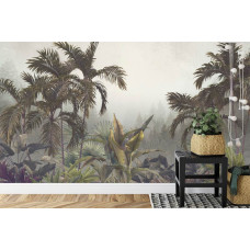 Een fotobehang met tropische planten en nevelige junglevegetatie, afgebeeld in een slaapkamer.