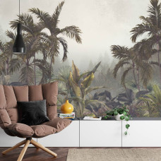 Een fotobehang met planten in een junglelandschap met nevel, afgebeeld in een woonkamer.
