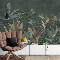 Een fotobehang met tropische planten in een botanische vintage stijl, afgebeeld in een huiskamer.