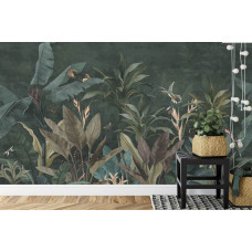 Een fotobehang met een combinatie van tropische jungle en vintage planten, weergegeven in een slaapkamer en woonkamer.