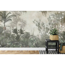 Een fotobehang met tropische planten in een dichte jungle, afgebeeld in een slaapkamer.
