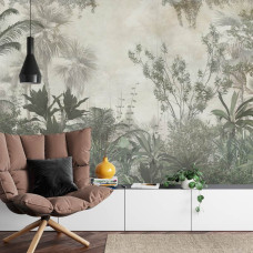 Een fotobehang met tropische planten en palmbomen in een natuurlijke jungle, afgebeeld in een woonkamer.