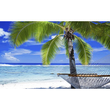 Fotobehang met een palmboom aan een zonnig strand, compleet met een hangmat en helderblauwe lucht, perfect voor een tropische uitstraling.