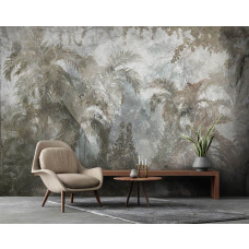 Een fotobehang met tropische wildernis en jungleplanten tegen een betonnen achtergrond in een woonkamer.