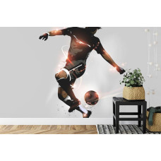 Een fotobehang met een creatieve weergave van voetbaltrucs in een kinderkamer.
