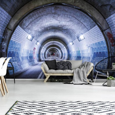 Een fotobehang van een tunnel met 3D-effect op een straat voor de woonkamer.