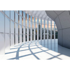 New York 3D-tunnel fotobehang met een panoramisch stadsbeeld van een stedelijke omgeving.