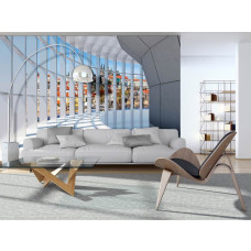 Een fotobehang van een 3D-tunnel met uitzicht op een stedelijke skyline, perfect voor een woonkamer.