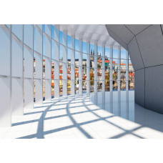 Fotobehang met een 3D-tunnel, stadsuitzicht en een panoramisch beeld van een stedelijk landschap.
