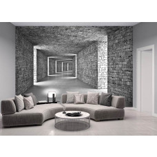 Fotobehang in de woonkamer met een grijze tunnelstructuur in 3D die diepte en karakter toevoegt aan het design.