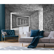 Fotobehang in de woonkamer met een realistische grijze stenen tunnel in 3D die het interieur ruimtelijker maakt.