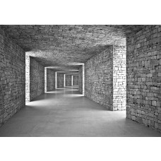 Fotobehang met een grijze stenen tunnel in 3D die zorgt voor een indrukwekkend diepte-effect aan de muur.