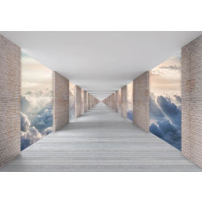 Tunnel fotobehang met uitzicht op wolken in een 3D-effect, waardoor het beeld lijkt te zweven.