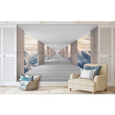 Een fotobehang met een tunnel en 3D-effect, met uitzicht op de wolken.