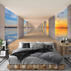 Een fotobehang met uitzicht op het meer vanuit een tunnel in de slaapkamer.