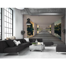 Een fotobehang van een tunnel met 3D-effect en uitzicht op het meer voor de woonkamer.