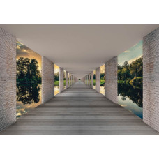 Tunnel fotobehang met uitzicht op een meer, weergegeven in een 3D-effect met zonsondergang in de verte.