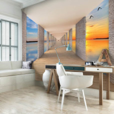 Een fotobehang van een tunnel en meer bij zonsondergang in het kantoor.