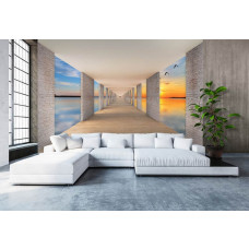 Een fotobehang met een tunnel en zonsondergang met meerzicht voor de woonkamer.