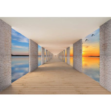 Fotobehang met een 3D-tunnel en een uitzicht op een meer tijdens een kleurrijke zonsondergang.