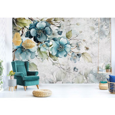 Een fotobehang van turquoise bloemen in kunststijl in de huiskamer.