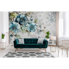 Een fotobehang van turquoise bloemen in kunststijl in de slaapkamer en woonkamer.