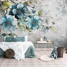 Een fotobehang van turquoise bloemen in kunststijl in de slaapkamer.