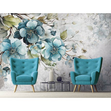 Een fotobehang van turquoise bloemen in kunststijl in de woonkamer.