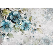Turquoise bloemen zijn afgebeeld op dit fotobehang, met een kunstzinnige en serene uitstraling.