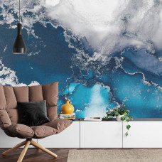 Een fotobehang met abstracte turquoise marmerkunst, perfect voor een eetkamer.