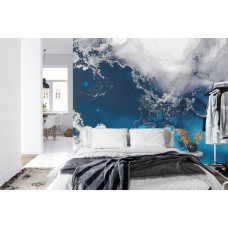 Een fotobehang met abstracte turquoise marmerkunst in een slaapkamer.