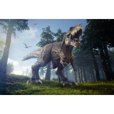 Tyrannosaurus Rex brult in een machtig en gedetailleerd fotobehang, dat de kracht van deze dinosaurus benadrukt.