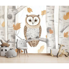 Fotobehang uil tussen berkenbomen in een kinderkamer met natuurlijke details.
