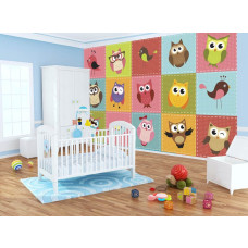 Een fotobehang van speelse uilen en vogeltjes op takken voor kinderen.