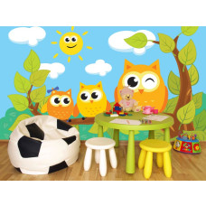 Een fotobehang met uiltjes voor kinderen in de babykamer en kinderkamer.