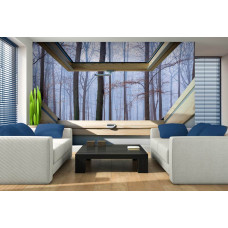 Een fotobehang met uitzicht op een bos door een dakraam, geschikt voor de woonkamer.