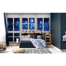 Fotobehang met uitzicht op volle maan en zee in 3D door een raam, geschikt voor de slaapkamer.
