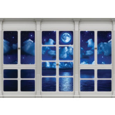 Uitzicht door het raam op de volle maan en de zee, met 3D-perspectief op fotobehang.