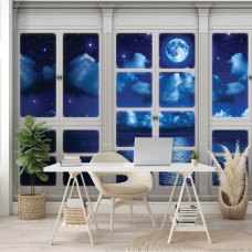 Fotobehang met uitzicht door een raam in de nacht op de maan en zee in 3D-perspectief, ideaal voor het kantoor.