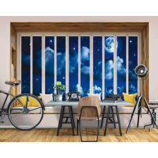 Fotobehang uitzicht door raam in de nacht met volle maan en zee in huiskamer.