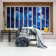 Fotobehang uitzicht door raam in de nacht met volle maan en zee in 3D-perspectief.