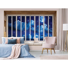 Fotobehang uitzicht door raam in de nacht met volle maan en zee in kantoor.