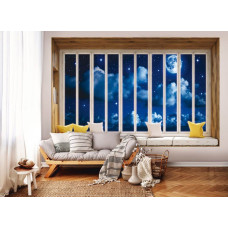 Fotobehang uitzicht door raam in de nacht met volle maan en zee in woonkamer.